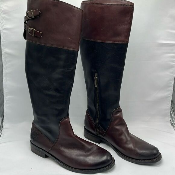 Brown & Black Leather VInce Camuto Knee High Boots - Picture 1 of 8